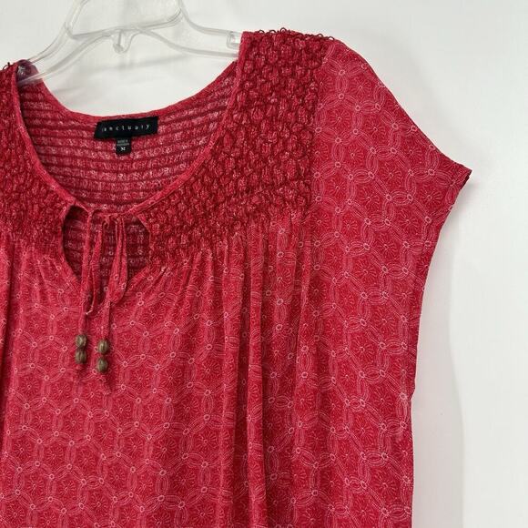 Sanctuary Boho Smocked Top Red Tie Neck Western Short Dolman Sleeves Size M - Picture 3 of 9